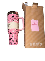 Pink Designer Inspired 40oz Tumbler with Handle – Insulated Aesthetic Travel Cup