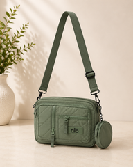 Green Crossbody Bag for Women | Quilted Nylon Shoulder Bag | Everyday Travel Purse | Lightweight Multi Pocket Handbag | Casual Fashion Bag