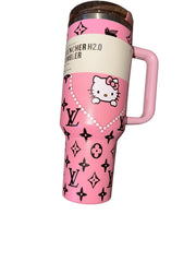 Pink Designer Inspired 40oz Tumbler with Handle – Insulated Aesthetic Travel Cup